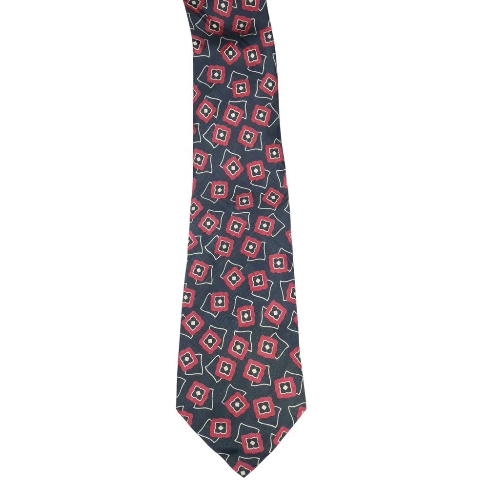 Polo Ralph Lauren Mark Shale Navy Silk Foulard Necktie‎ Red Geometric Print USA